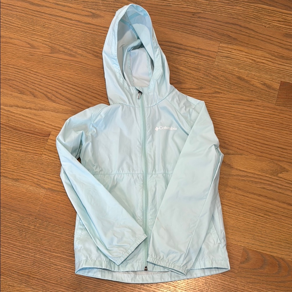 Columbia Light Blue Hooded Rain Jacket